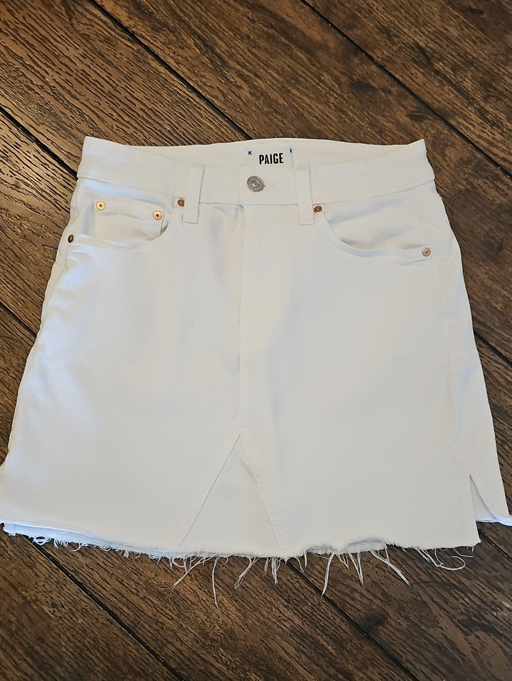 PAIGE White Raw-Hem Denim Mini Skirt